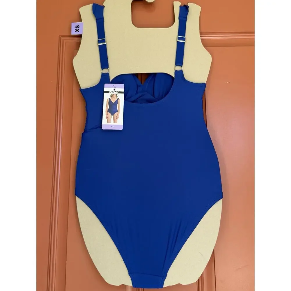 DKNY Blue One-Piece Swimsuit Ruffle Trim Adjustable Straps Size XS NWT - Picture 2 of 8